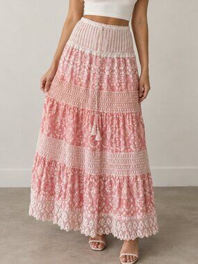 Anthropologie Me 2 Magic Pink Ombre Maxi Skirt Size L Cottagecore Fairy Crochet